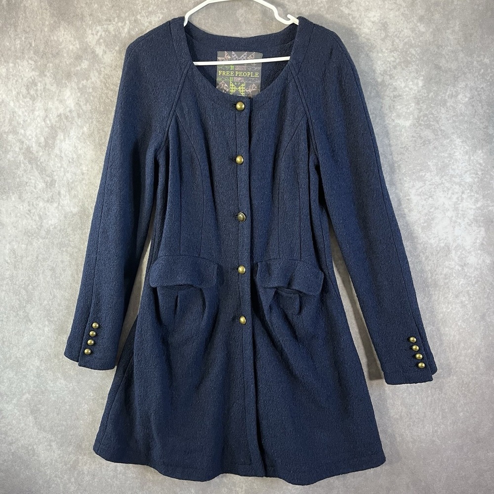 Free People Wool Blend Coat Women Small Navy Blue Fit Flare Brass Button Jacket‎